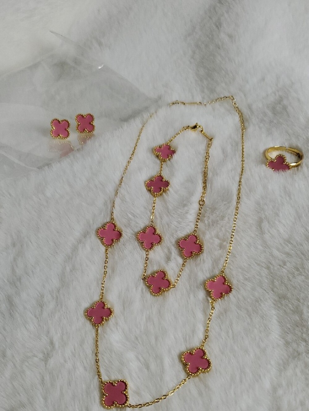 Gold & Pink Clover Necklace Set